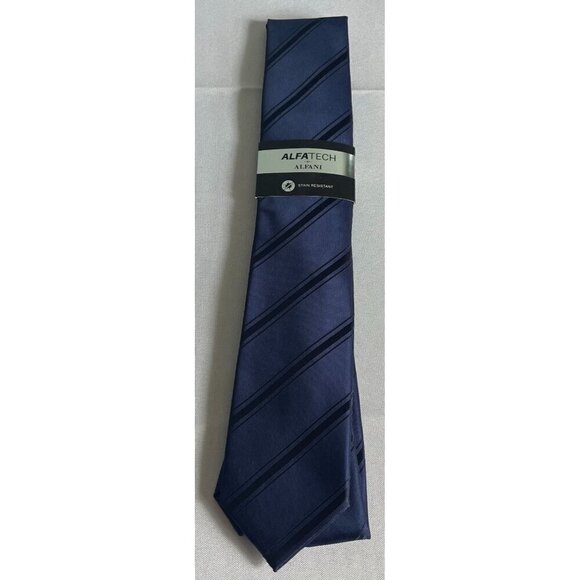 NWT AlfaTech by Alfani Navy Blue Trinity Stripe Stain Resistant Neck Tie OS - Picture 2 of 7